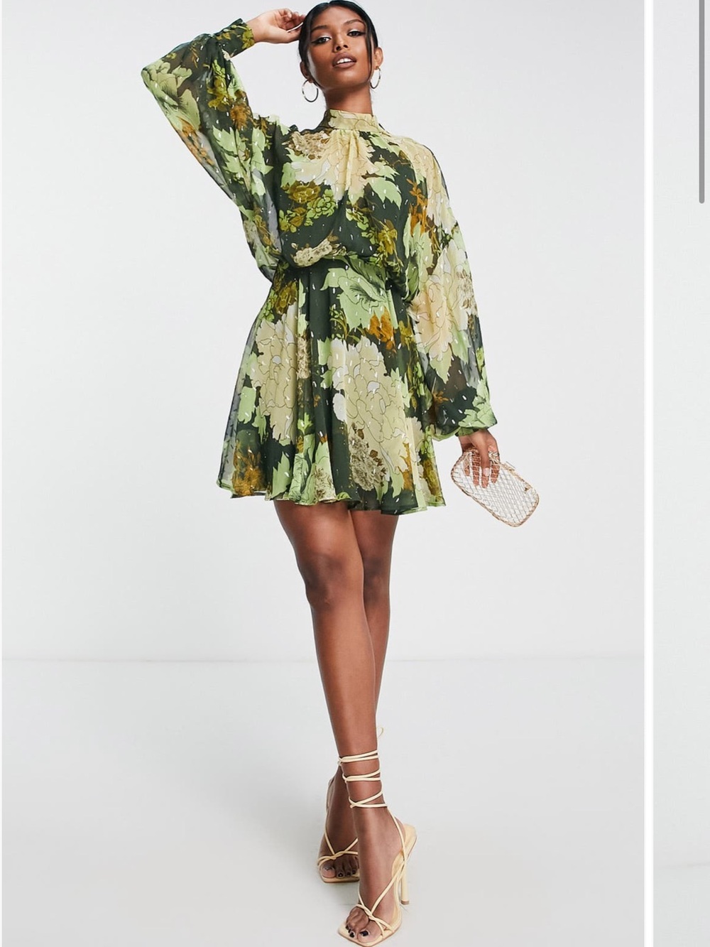 ASOS Green Floral High-Neck Long-Sleeve Mini Dress